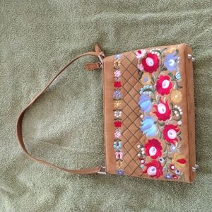 Tan faux suede floral stitch printed purse